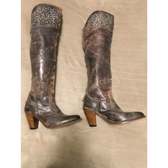 frye ladies crackle leather studded zip over knee heel boots 6 m - Picture 1 of 10